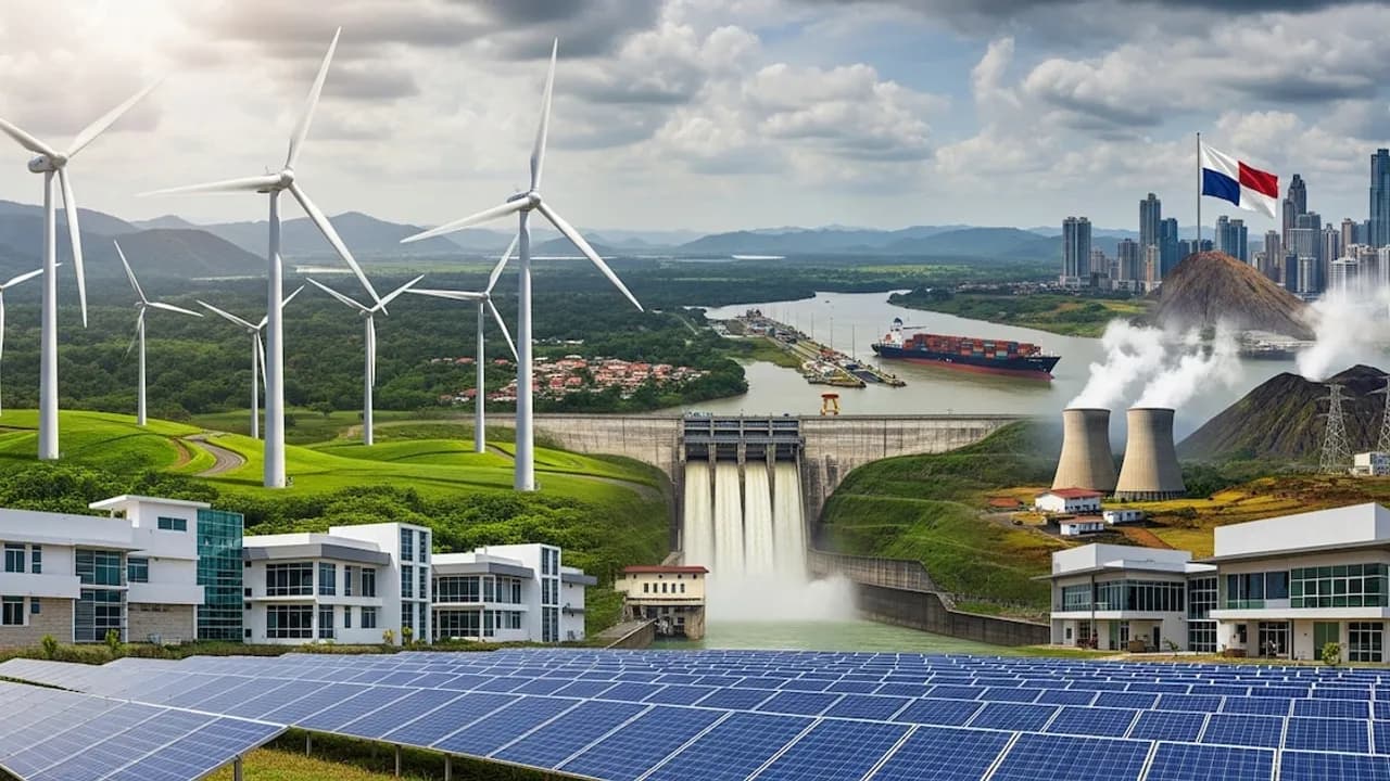 Composición con turbinas eólicas, paneles solares, una represa hidroeléctrica, el Canal de Panamá y la bandera panameña.