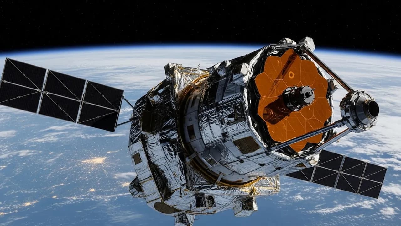 Telescopio espacial con paneles solares y cubierta metálica dorada orbitando sobre la Tierra.