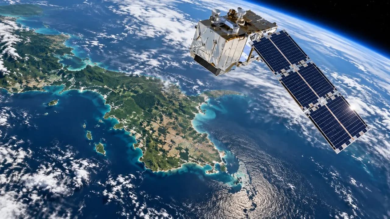 Satélite en órbita terrestre con panel solar extendido sobre costas e islas rodeadas de océano azul y nubes.