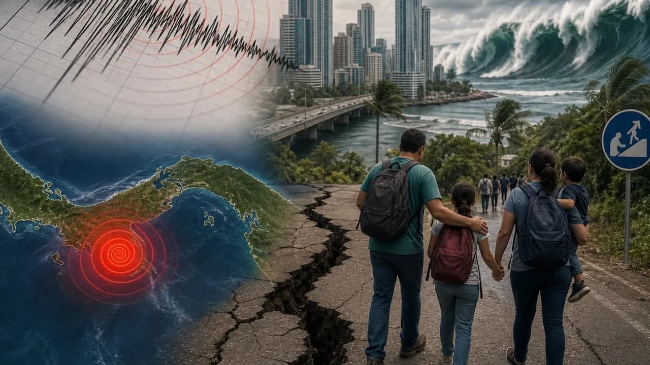 Composición conceptual con una familia caminando por una calle agrietada, un sismograma y olas gigantes frente a edificios.