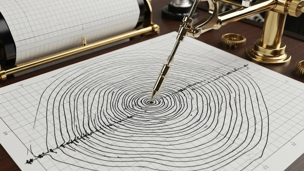 Aguja metálica de un sismógrafo trazando ondas concéntricas de tinta sobre una hoja de papel cuadriculado.