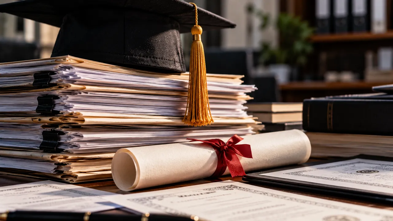 Birrete negro de graduación con borla dorada sobre una pila de expedientes y un diploma enrollado con cinta roja.