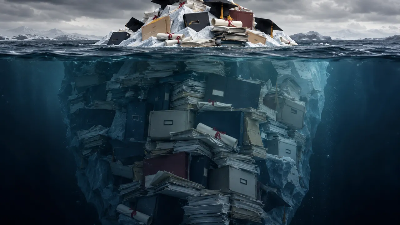 Ilustración de un iceberg con carpetas y diplomas universitarios apilados sobre el agua y sumergidos.