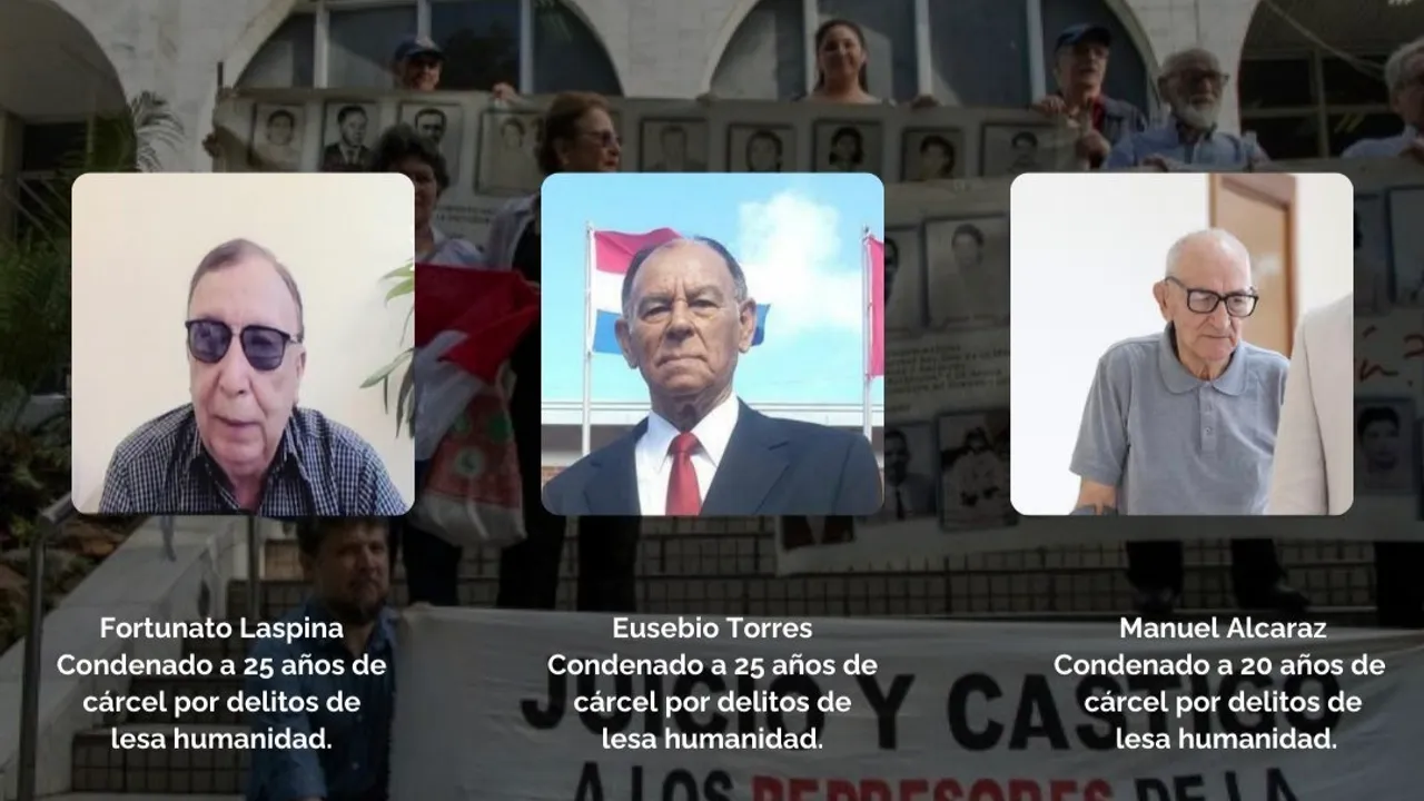 Retratos de tres hombres condenados con leyendas explicativas sobre un cartel de manifestación por justicia.