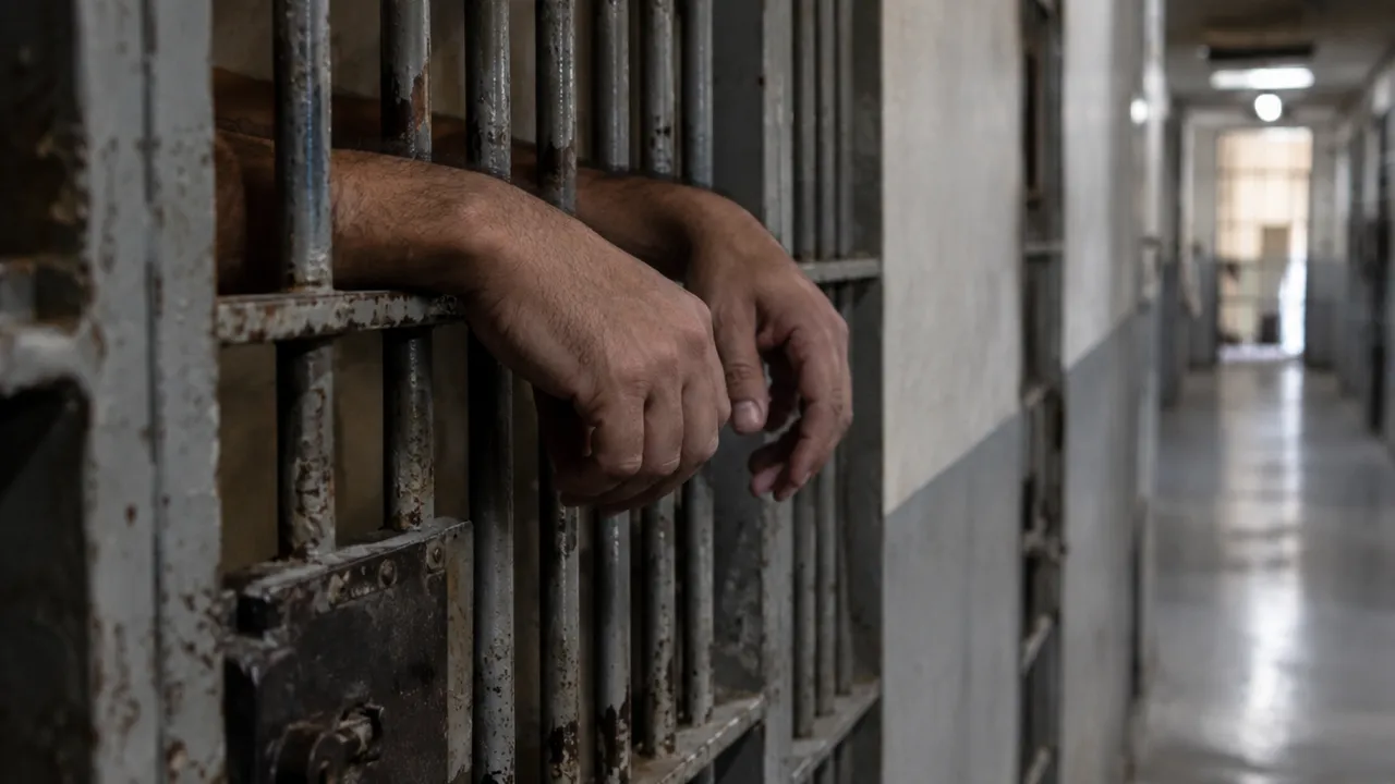 Manos de una persona privada de libertad apoyadas en los barrotes de hierro de una celda carcelaria.