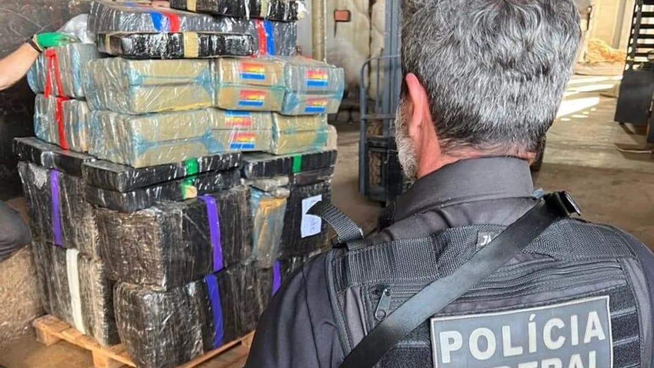 Agente de la Policía Federal de Brasil de espaldas frente a varios paquetes incautados en un depósito.