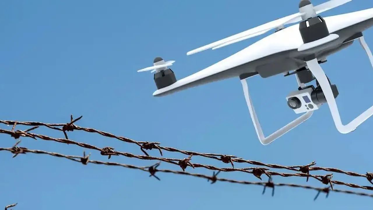 Dron blanco cuadricóptero con cámara incorporada sobrevolando una cerca de alambre de púas.
