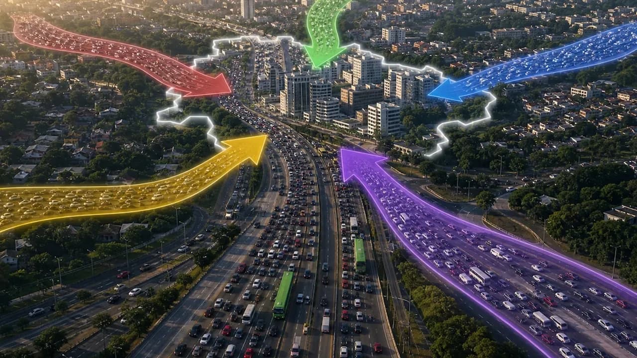 Vista aérea de autopistas urbanas congestionadas con flechas de colores que indican el flujo hacia el centro de la ciudad.