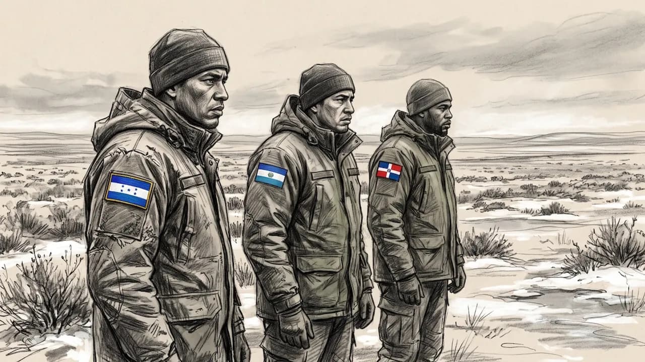 Dibujo de tres hombres con ropa militar de abrigo y parches de Honduras, El Salvador y República Dominicana en un terreno árido.