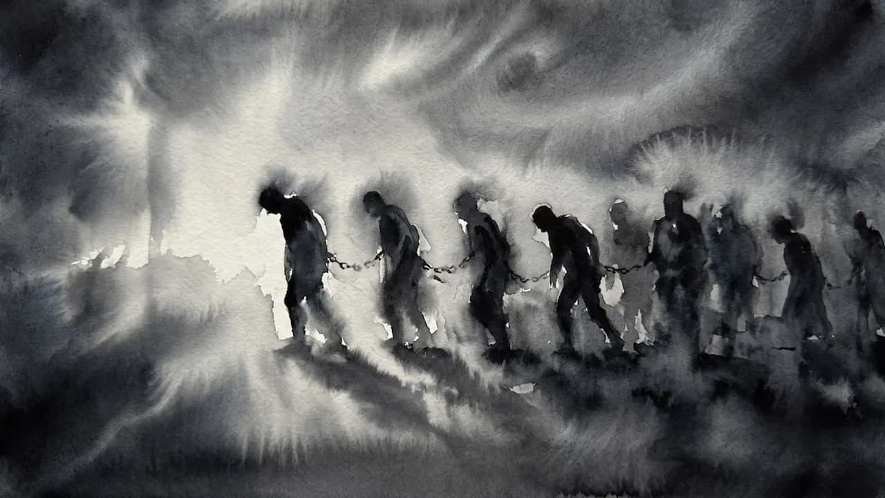 Pintura en acuarela en blanco y negro con siluetas humanas encadenadas caminando en fila hacia una luz difusa