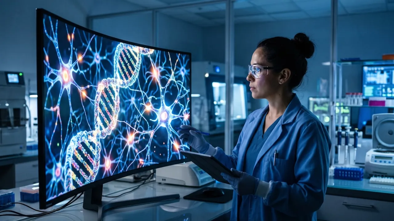 Científica en laboratorio analizando en una pantalla curvas de ADN y conexiones neuronales iluminadas