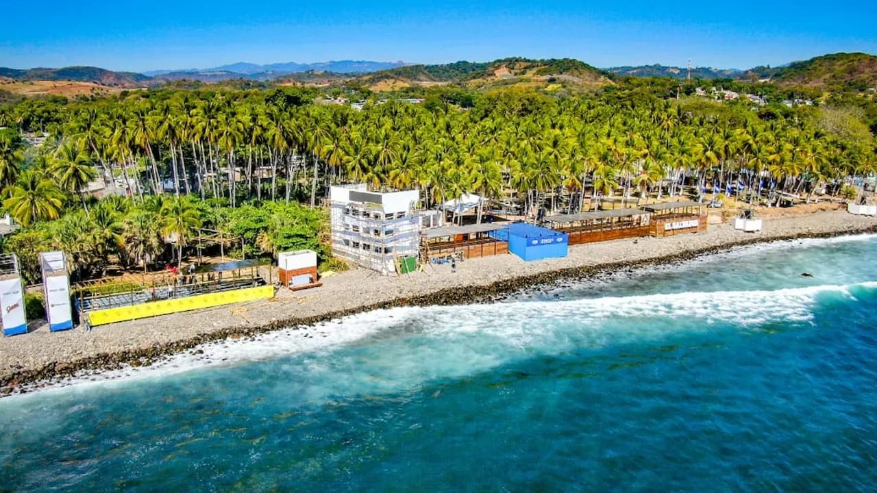 Costa marítima con franja de palmeras, instalaciones de playa y olas rompiendo sobre la orilla pedregosa.
