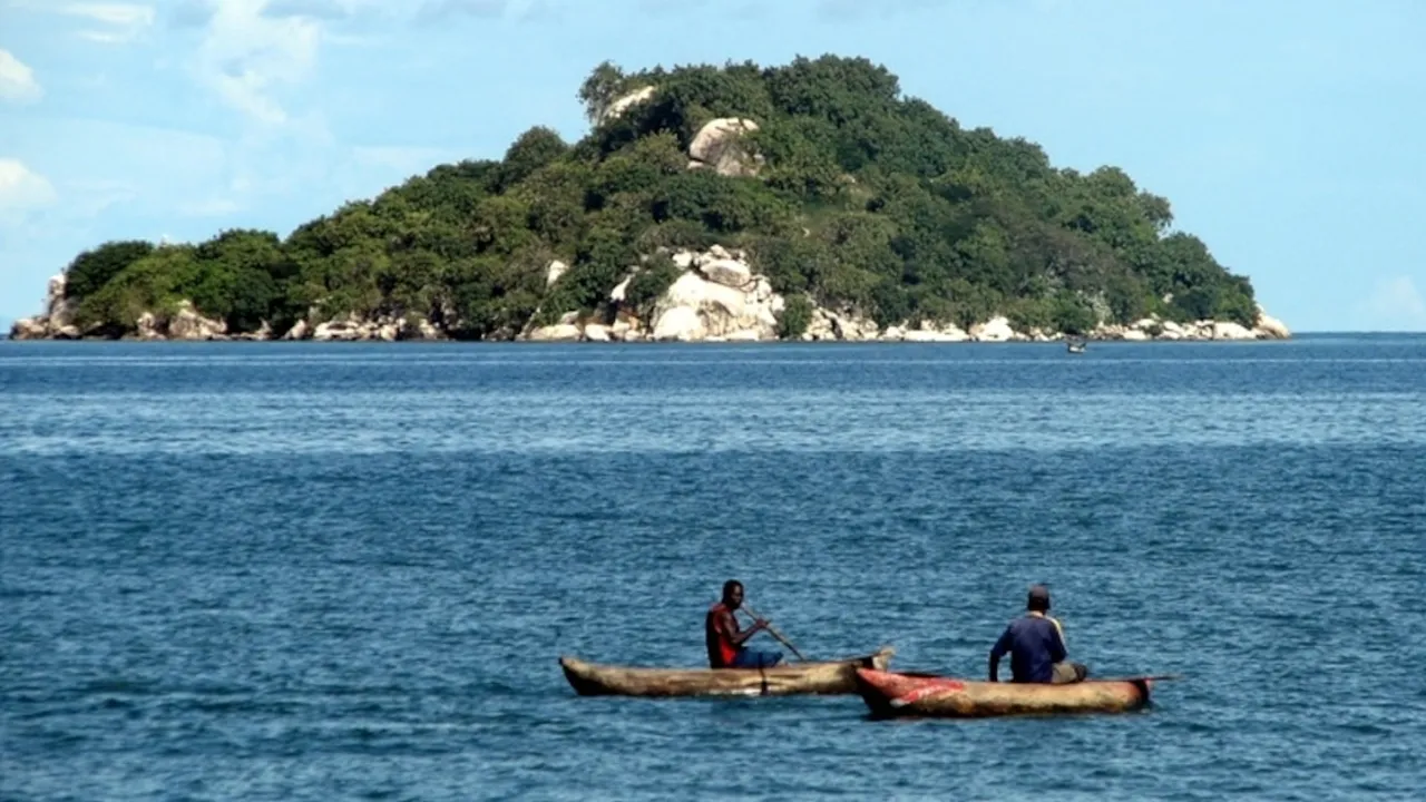 Dos hombres navegan en canoas de madera sobre aguas calmas frente a una isla rocosa con frondosa vegetación.