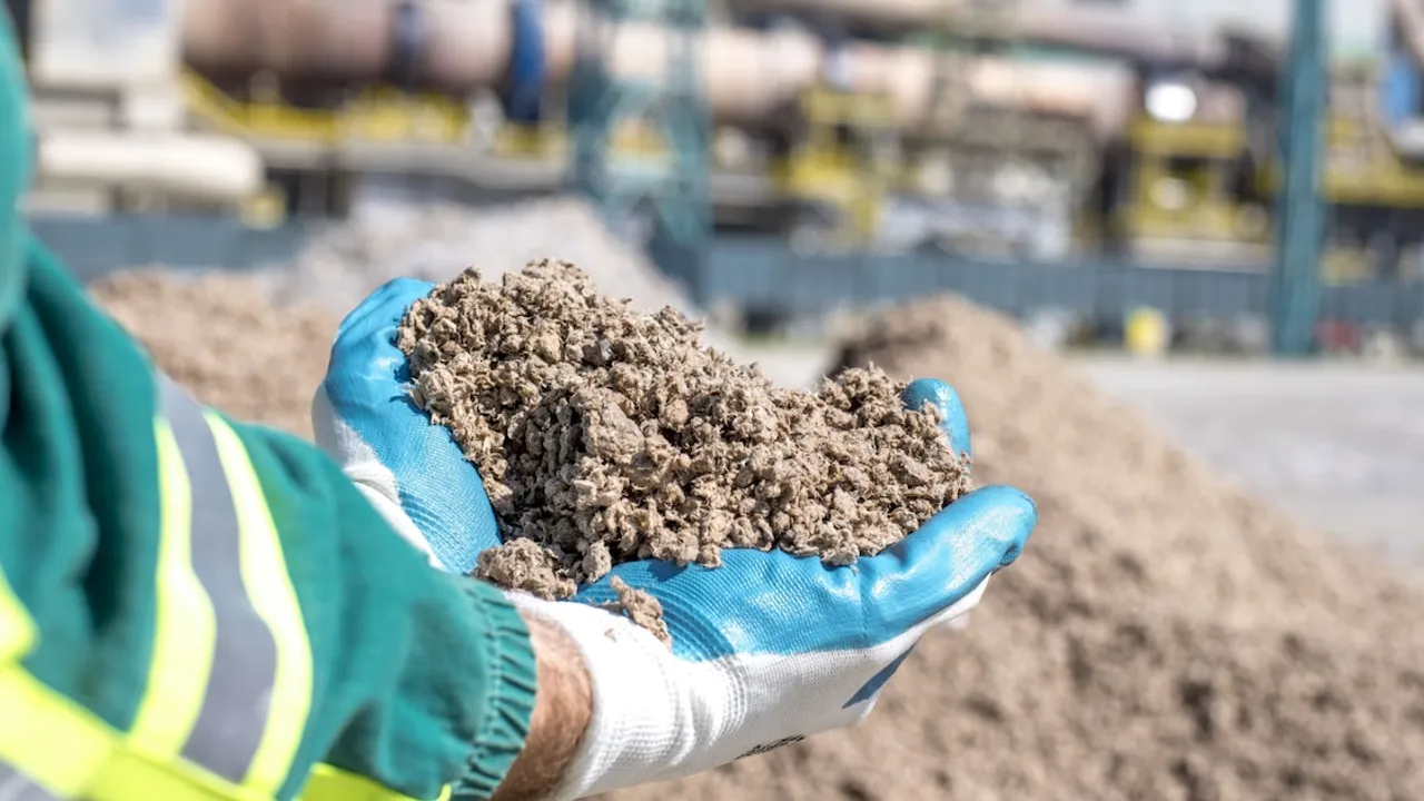 Manos con guantes sosteniendo material triturado para elaboración de cemento con una fábrica al fondo.