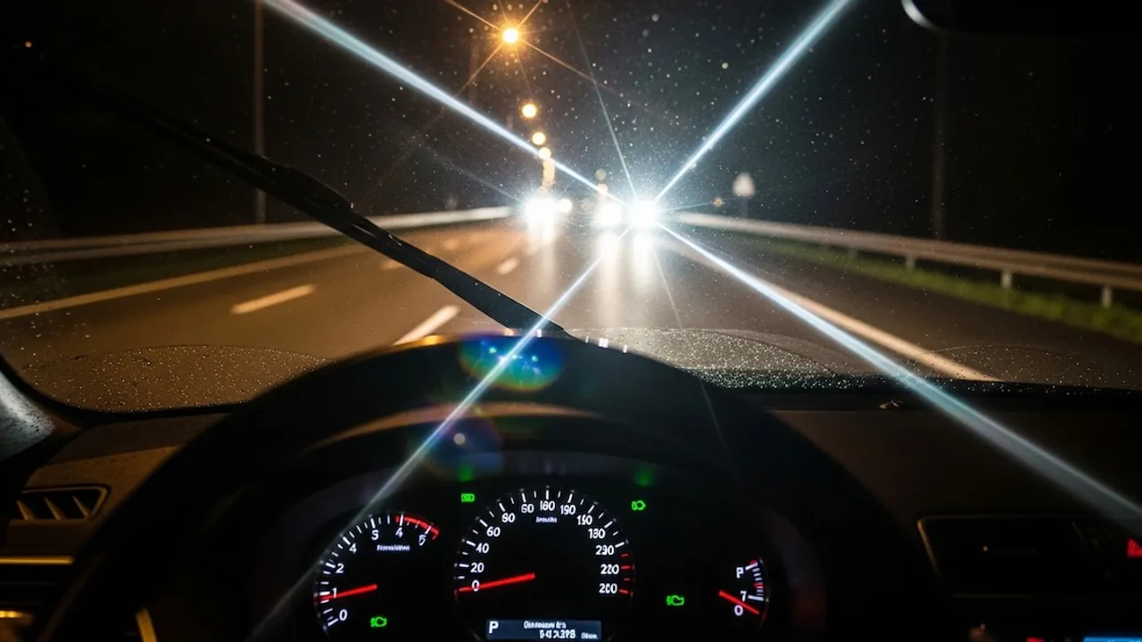 Vista desde el interior de un automóvil que circula por una carretera oscura durante la noche con luces de frente.