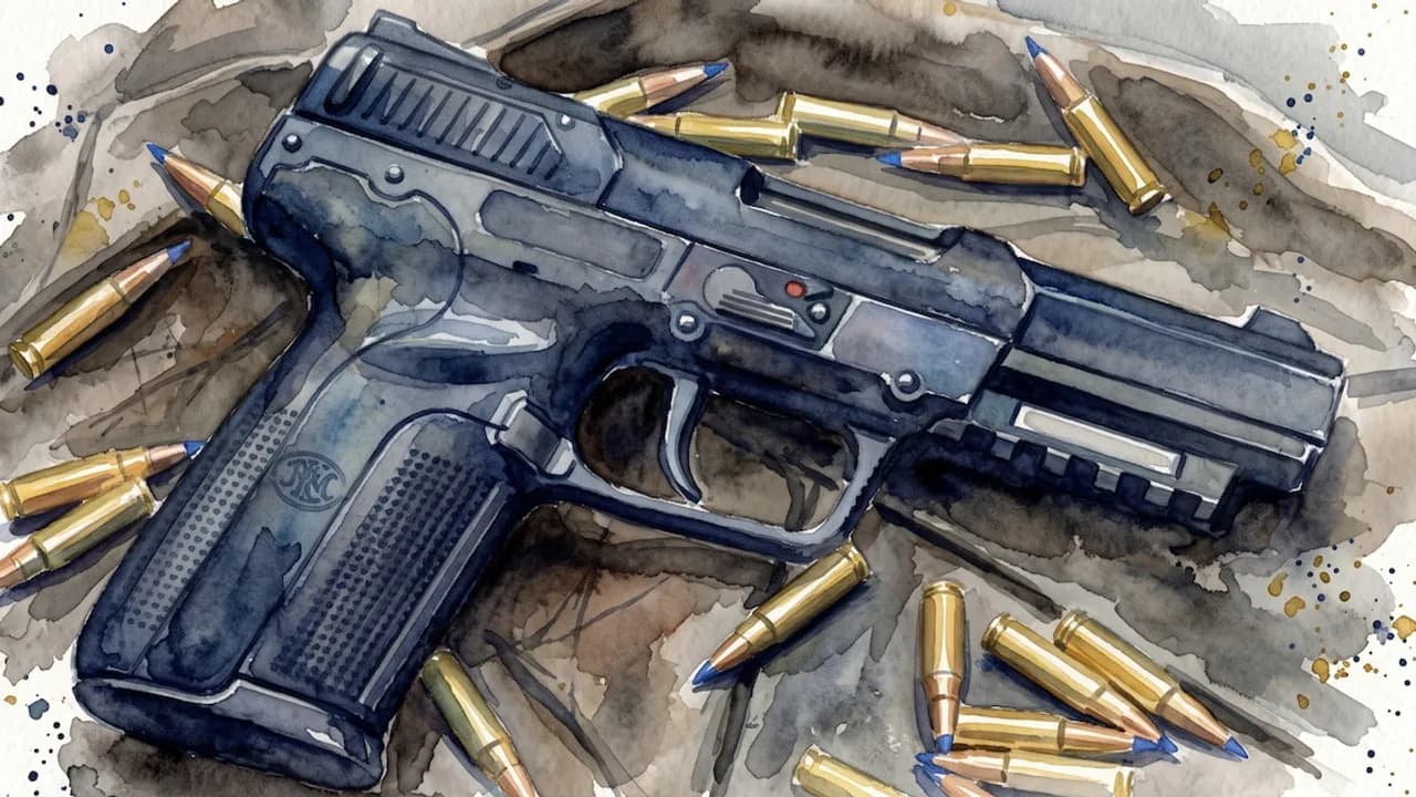 Pistola semiautomática en acuarela rodeada por cartuchos y municiones doradas sobre una superficie oscura.