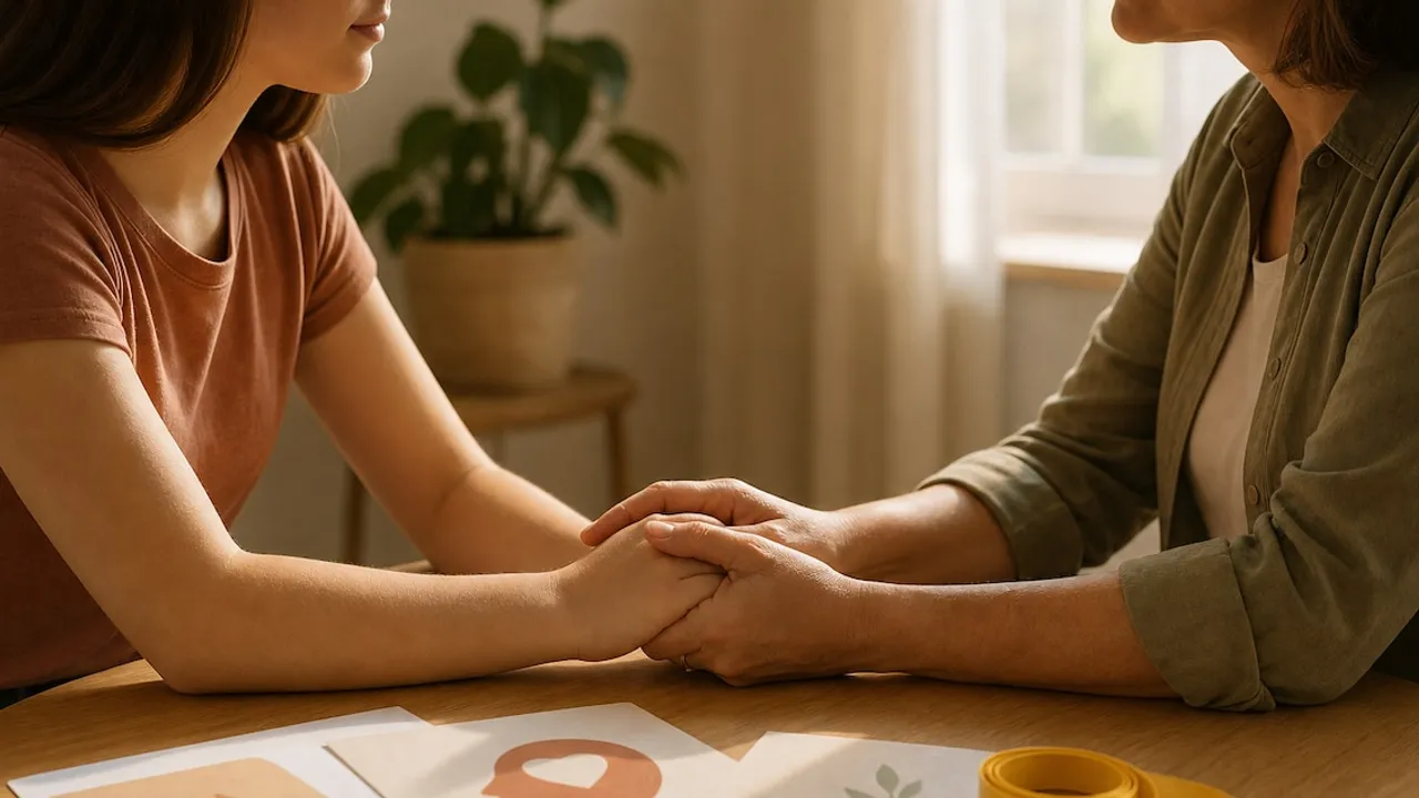 Dos personas toman sus manos sobre una mesa de madera durante una conversación de apoyo emocional en un consultorio.