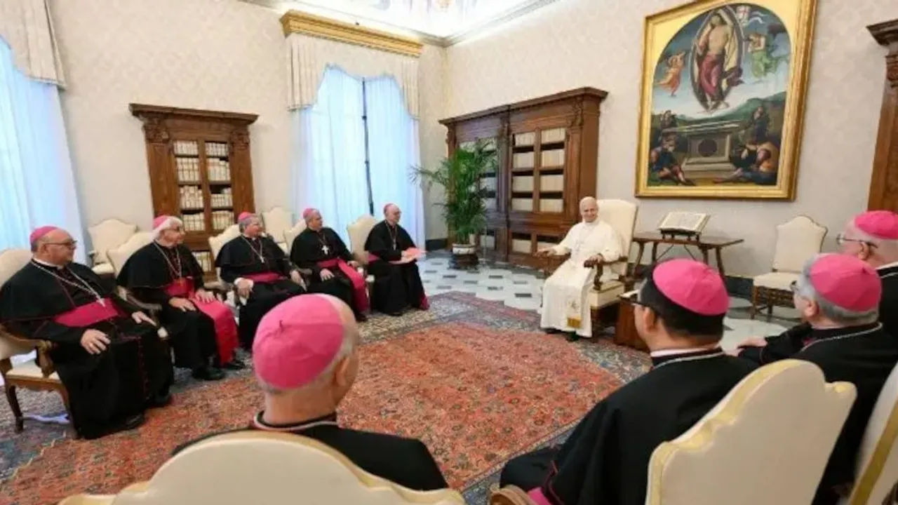 Obispos católicos sentados en semicírculo dialogan con el pontífice vestido de sotana blanca en una sala vaticana