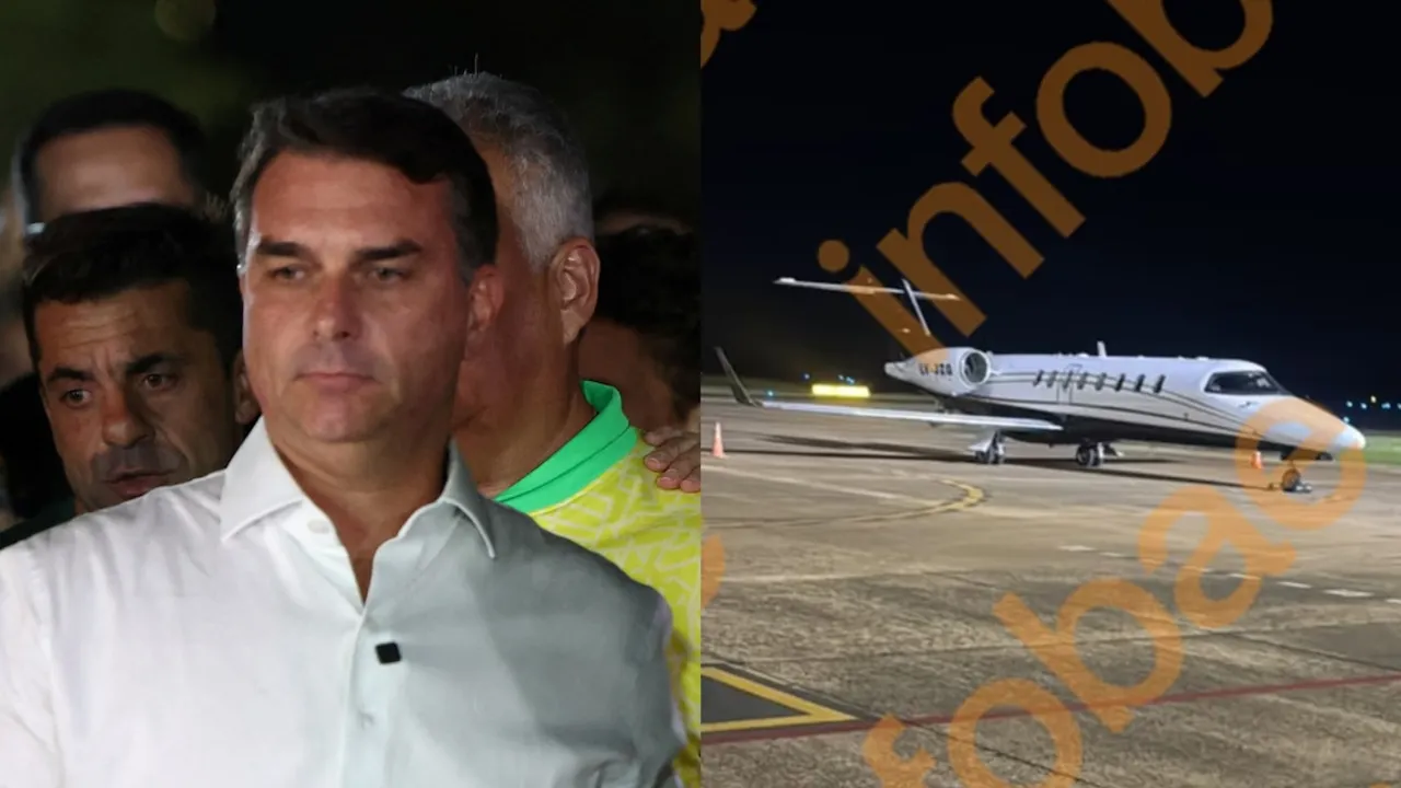 Flávio Bolsonaro viste camisa blanca junto a una comitiva y a la derecha se observa un avión privado en pista.