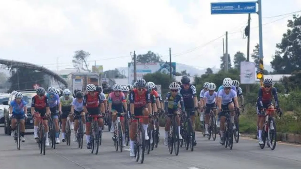 Pelotón de ciclistas con cascos y uniformes deportivos avanzando sobre una ruta pavimentada durante una carrera.